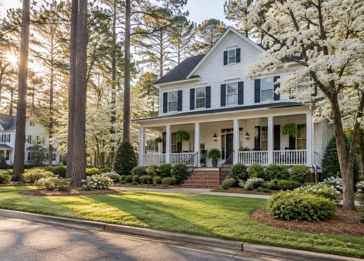 White two-story North Carolina home with a rocking-chair front porch beneath tall pines and blooming dogwoods